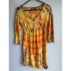 Lucky Brand Womens Tie Dye Mini Dress Yellow Orange Purple Cotton Modal Medium